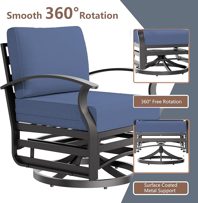 Aluminum Outdoor Patio Furniture Set,5 Pieces 5 Seats Metal Patio Sectional Furniture Set,Patio Conversation Sets with 45" Propane Fire Pit Table,Swivel Rocking Chairs Set,Navy Blue