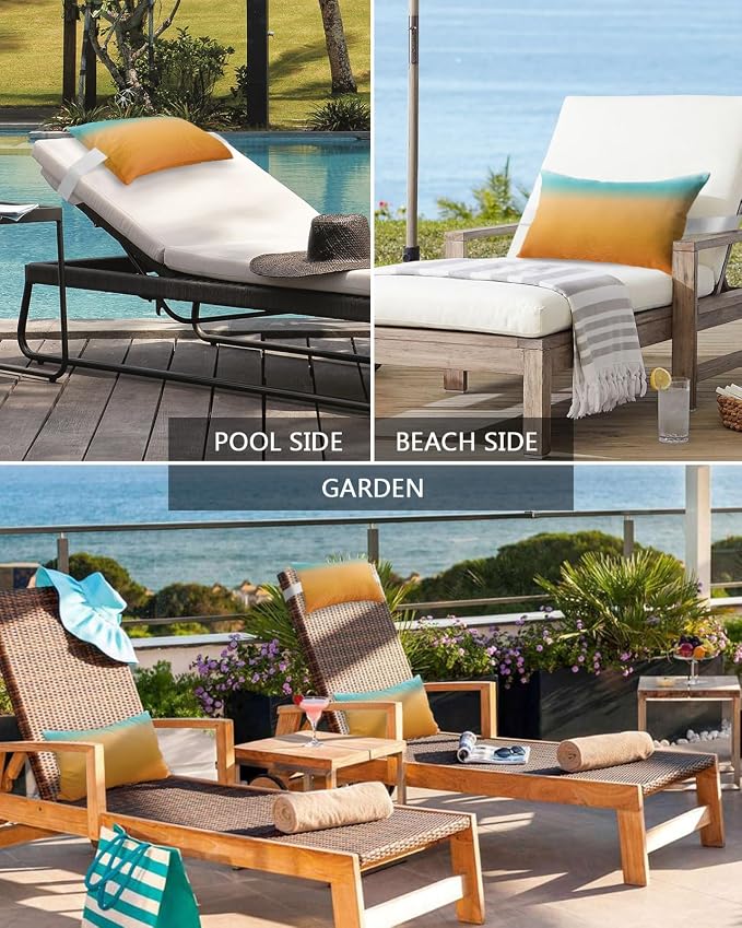 Outdoor Pillows Covers with Inserts Teal Turquoise Yellow Orange Ombre Stripe Gradient Waterproof Pillow with Adjustable Strap Throw Pillows for Patio Furniture Pool Lounge Chair, 11x16 Inch, 1PCS