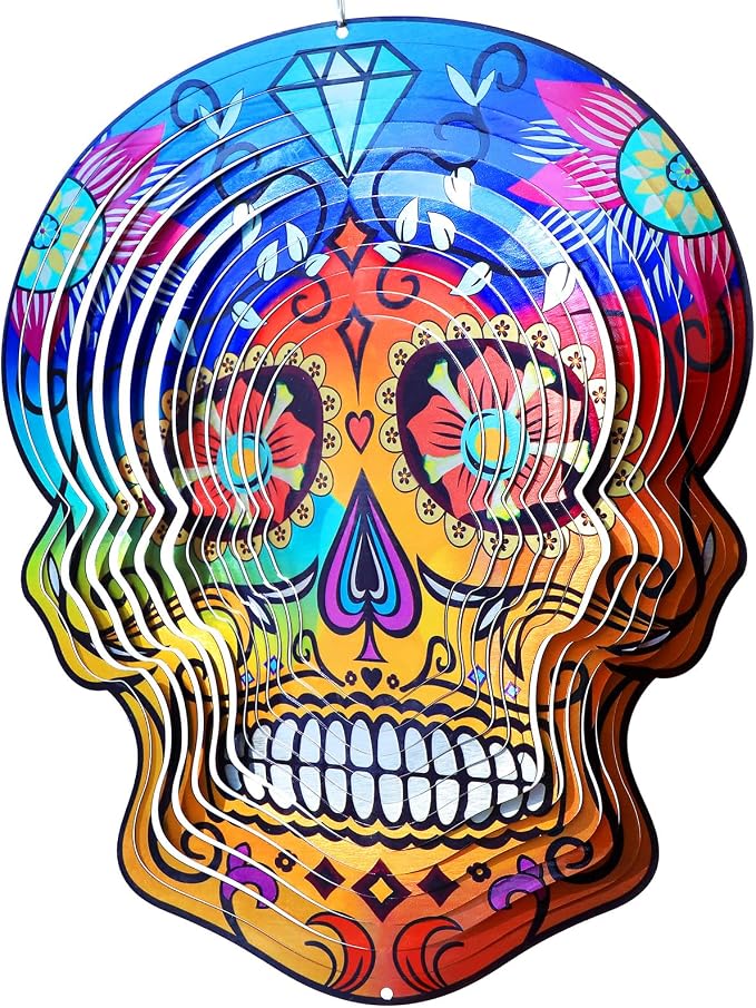 Goolyrusim Metal Wind Spinner - Sugar Skull Wind Spinners, Kinetic Hanging Wind Sculpture 3D Skeleton Wind Catcher for Yard and Garden Decoration Outdoor Decor, Unique Gifts for Halloween, Christmas