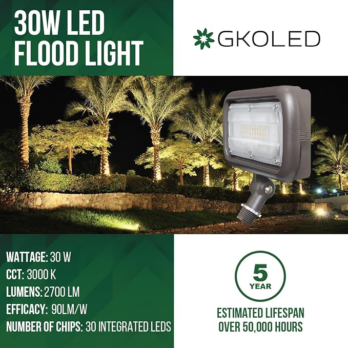 30W LED Floodlight, Outdoor Security Fixture, Waterproof, 100W PSMH Replace, 2700 Lumens, 3000K Warm White, 70CRI, 120-277V, 1/2" Adjustable Knuckle Mount, UL-Listed (Pack of 6)