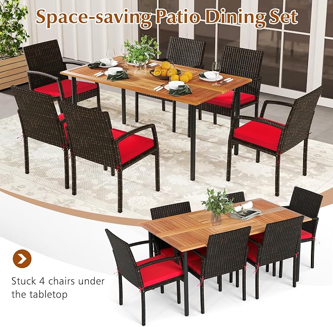 HAPPYGRILL 7-Piece Patio Dining Set Outdoor Rattan Wicker Furniture Set with Umbrella Hole, Steel Frame, Acacia Wood Tabletop & Removable Cushions, for Backyard, Porch, Garden