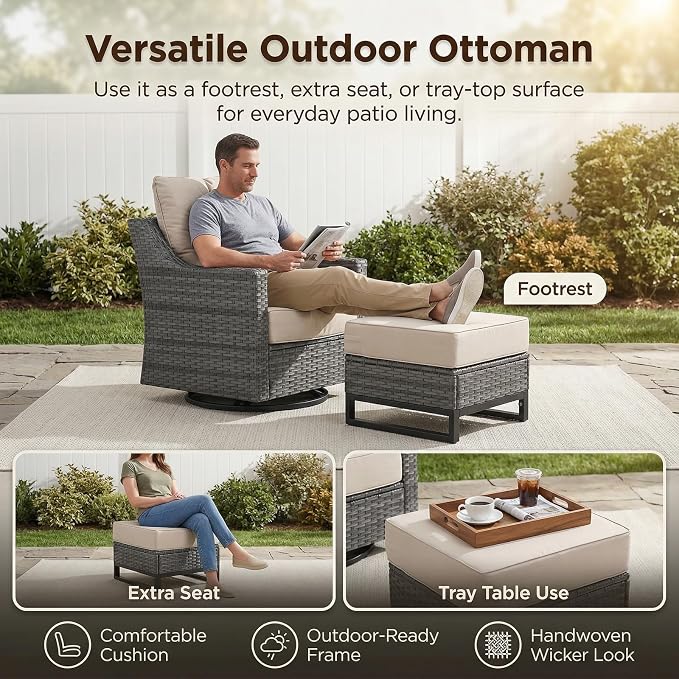 12-Piece Outdoor Patio Furniture Set, Grey Wicker Conversation Set with 2 Sofas, 4 Swivel Chairs, 4 Ottomans and 2 Side Tables, 6-Inch Beige Cushions for Deck, Backyard, Poolside
