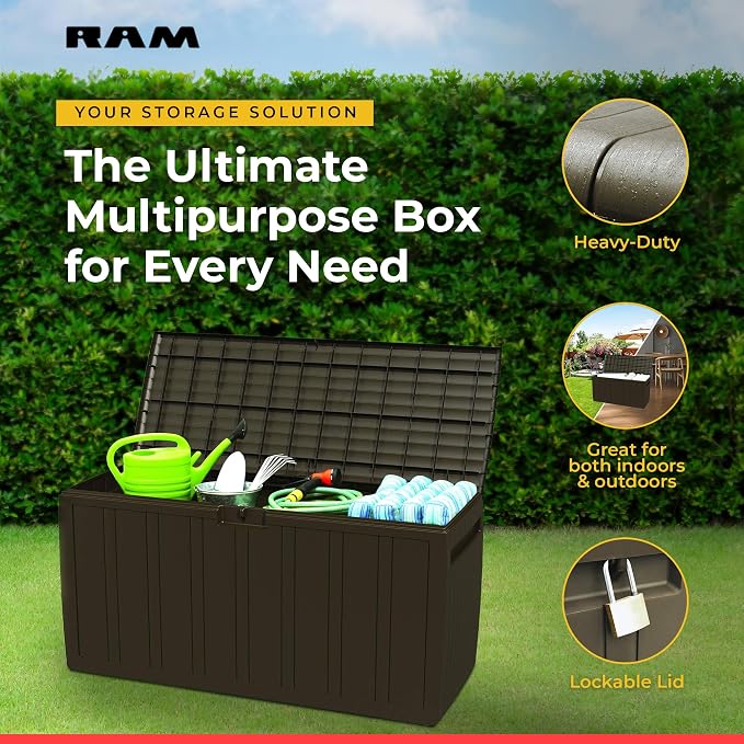Ram Quality Products 71 Gallon Plastic Outdoor Backyard Storage Bin Deck Box for Patio Furniture Cushions,Tools, and Pool Accessories, Brown