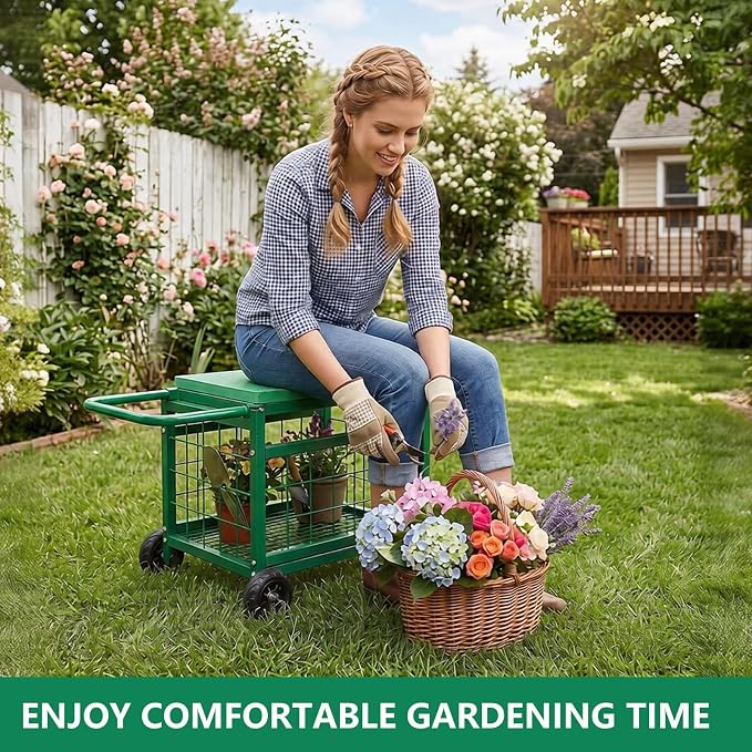 Garden Seat with Wheels, Rolling Garden Stool Heavy Duty Gardening Cart with Seat and 20 Quart Storage Space Use for Patio, Yard, and Outdoors