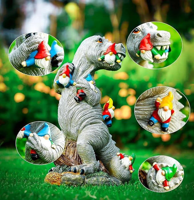 Himaweek Garden Statue Outdoor Decoration, Weatherproof 14” Dinosaur Garden Gnome, Indoor Outdoor Décor Garden Art for Patio Lawn Yard, Gardening Gift for Homeowners