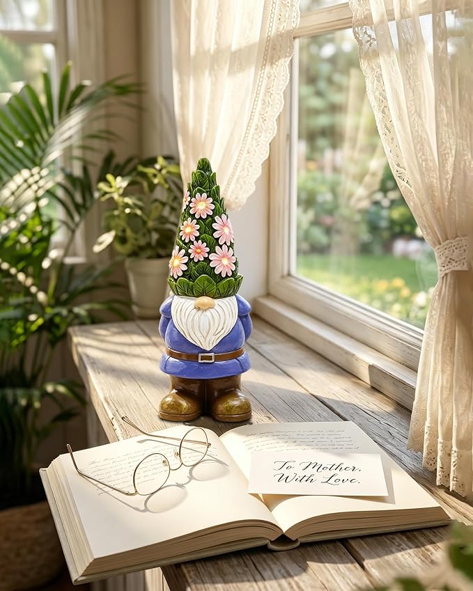 Nacome Solar Garden Outdoor Statues Gnome with Succulent | 7 LED Lights, Lawn Decor Statue for Patio, Balcony, Yard Ornament, Gifts for Mom Grandma Women