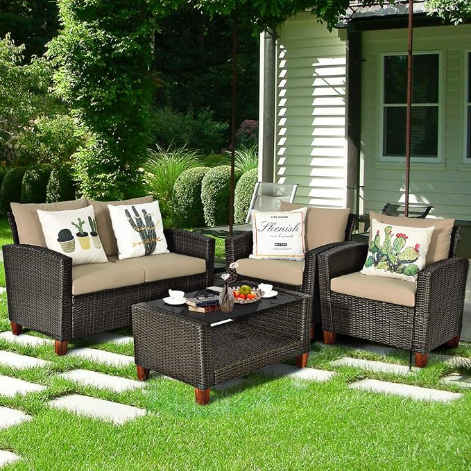 Tangkula 8 Pieces Patio Rattan Furniture Set, Outdoor Wicker Conversation Set with Seat & Back Cushion,and Tempered Glass Coffee Table with Shelf, for Porch, Poolside, Backyard, Garden