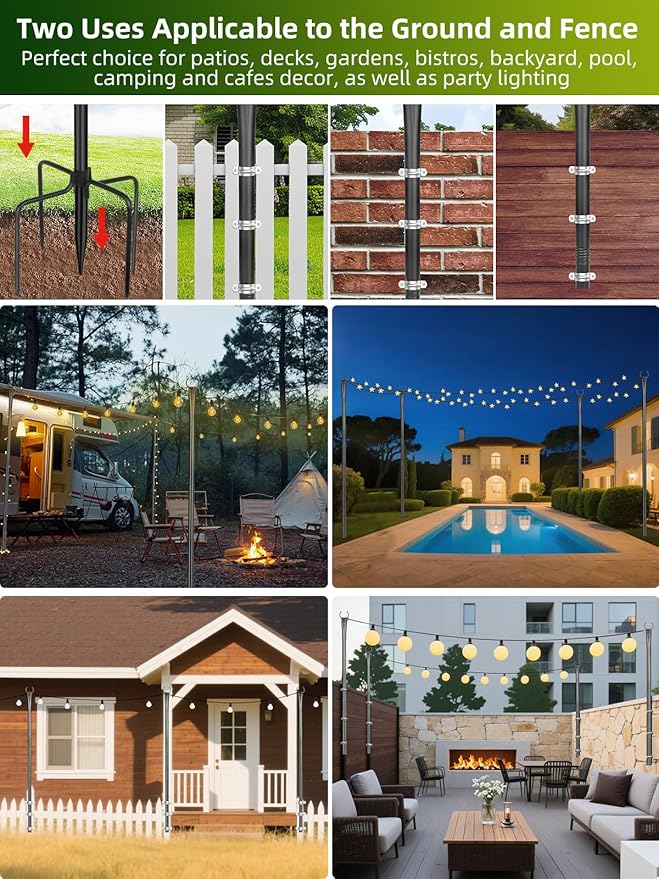 String Light Poles for Outside 4 Pack, 10ft Metal Outdoor String Light Poles for Deck - Ideal for Patio, Garden, Yard, Front Porch Decorations, Black