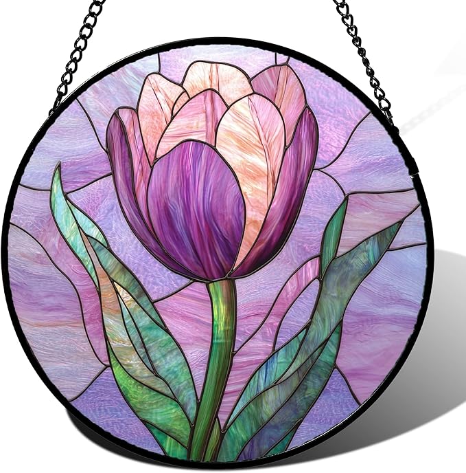 DASTOLL Stained Glass Window Hanging Purple Tulips Flower 6.3" - Suncatcher Door Garden Sun Catcher Home Decor Birthday Mother's Day for Mom Men Woman Parents Her Nana Friend