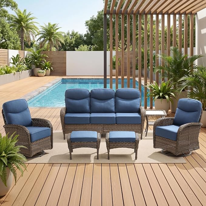 High Back Luxury Patio Furniture Set with 6-inch Thick Cushion, Swivel Rocker Patio Chairs with Outdoor Couch, 6 Piece Wicker Conversation Set for Deck Yard Garden Balcony Blue Cushion
