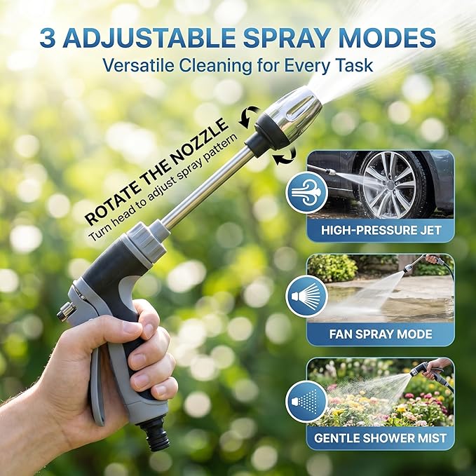 Aquoxis Pressure Washer - 360° Rotating Nozzle, 3 Spray Modes, Stainless Steel Universal Hose Fit, Multi-Function Handheld Sprayer for Lawn, Garden, Car Wash, Patio Cleaning, Tool-Free Installation ﻿