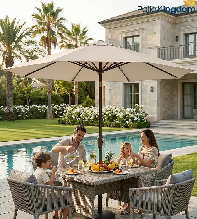 PatioKingdom 9FT Patio Outdoor Umbrella-UPF 50+ Sun Shade with Wind Vent, Push-Button Tilt & Smooth Crank Lift, Rust-Resistant Fiberglass Frame for Garden, Backyard,Yard (Beige)