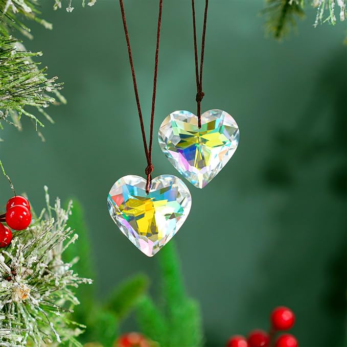 2 Pcs 50mm AB Heart Crystal Prism Rainbow Suncatcher Window Decor | AB Color Heart Crystal Prism Suncatcher Pendants Rainbow Chandelier with Rope for Window Garden Home Wedding Decor