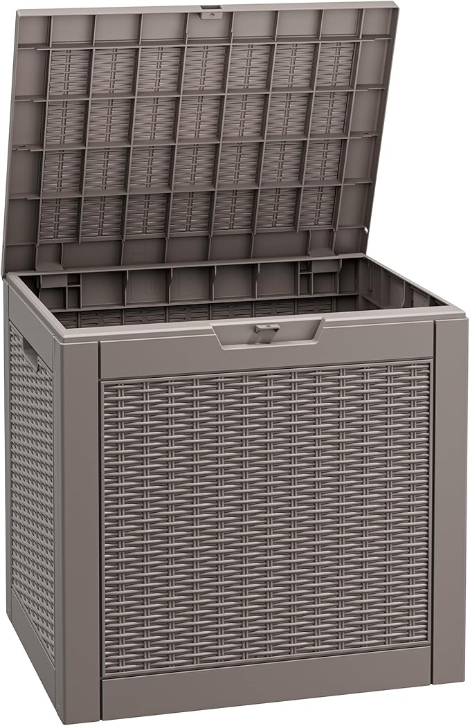 Fancyango 31 Gallon Outdoor Deck Box Waterproof, Storage Box for Patio, Resin Storage Bench Lockable for Garden Tools, Package Delivery, Grey