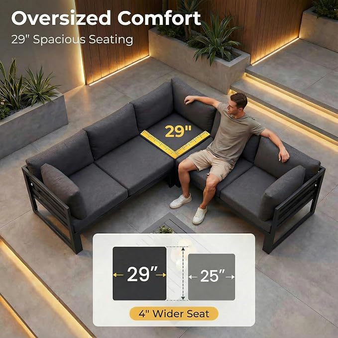 NICESOUL Large Luxury Aluminum Outdoor Sectional Sofa with Chaise, Weather Resistant Modular Patio Furniture Set for 14 People, 500 lbs Heavy Duty Conversation Couch for Poolside Deck, Dark Gray