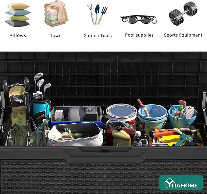 YITAHOME 80 Gallon Resin Deck Box, Weather Resistant Outdoor Rattan Storage Box, Lockable Indoor Outdoor Storage for Supplies and Essentials, Black