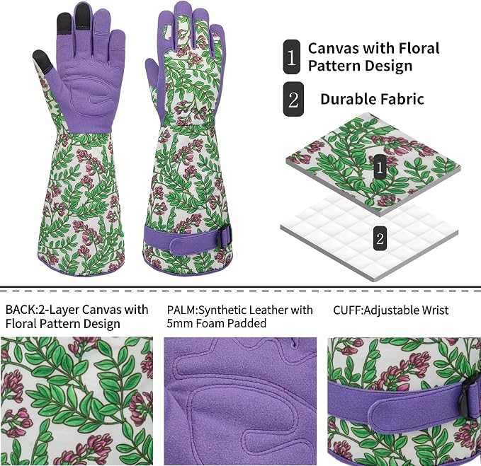 Thornproof Rose&Cactus Gardening Gloves,Gauntlet Garden Glove,Gifts | Canvas,Cute Floral Pattern,Leather Palm,Touchscreen,Durable Material,Garden Gift,Men&Women,Machine Washable,Adjustable Cuff