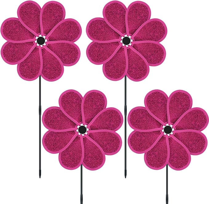 4 PCS 11.4" W x 28" H Reflective Pinwheels Sparkly Lawn Wind Spinners Colorful Rainbow Windmill for Garden Decoration Bird Devices Deterrent to Scare Birds Away（Rose Red）