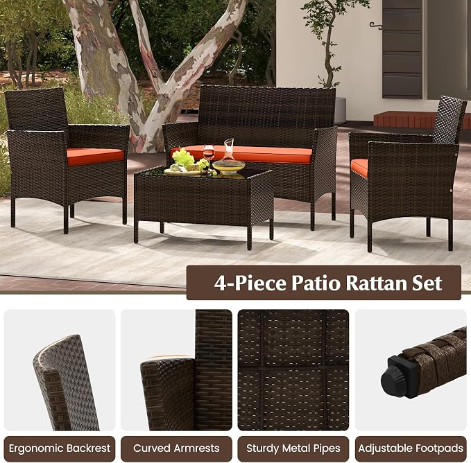 4 Piece Patio Furniture Set, Sectional Conversation Sofa Set with Glass Coffee Table, Cushions & Loveseat, Wicker Outdoor Table and Chairs for Pool, Garden, Deck, Backyard (1, Orange)
