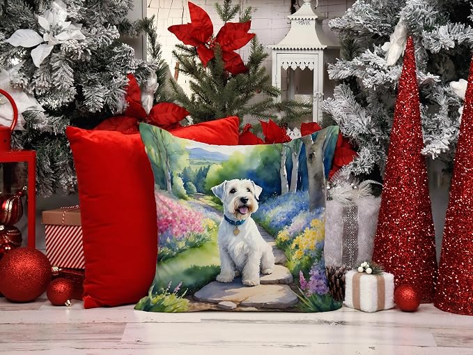 Caroline's Treasures Sealyham Terrier Spring Path Throw Pillow Machine Washable, Indoor Outdoor Decorative Pillow for Couch, Bed or Patio, 14Hx14W