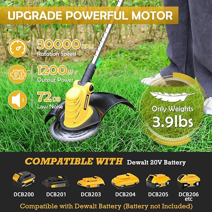 Cordless Weed Wacker & Edger for Dewalt 20V Battery, 157cm/61in Electric String Trimmer Brush Cutter with Brushless Motor, Grass Trimmer Kit with Metal Blade & String Line for Garden Yard (Tool Only)