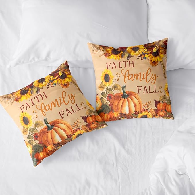 Fall Pillow Covers Pumpkin Sunflower Throw Pillow Covers Autumn Thanksgiving Harvest Pillow Case 22x22 Set of 2 Double Sided Printing Cushion Case for Couch Sofa