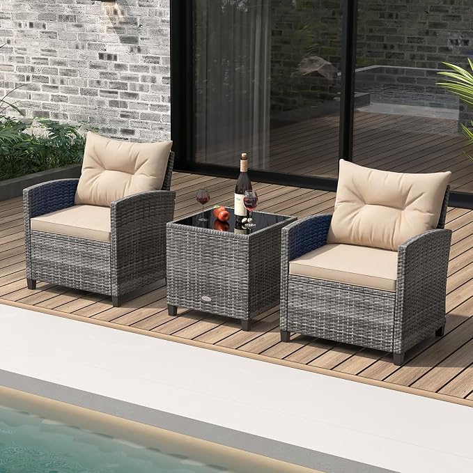 KOTEK 3 Piece Patio Furniture Set, Outdoor PE Rattan Conversation Set with Washable Cushions & Tempered Glass Tabletop, Wicker Chairs and Table Set for Porch, Garden, Balcony (Beige)