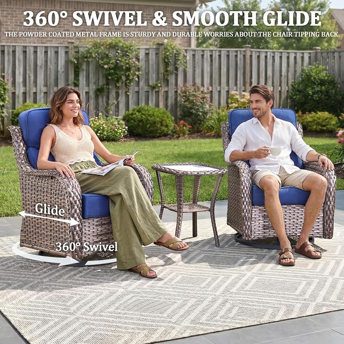 Luxury Swivel Rocker Chair Sofa Set with 6" Thick Cushions,8-Piece Wicker Patio Chair with Coffee Table and Ottoman,Outdoor Comfortable High Back Chair Patio Furniture Set - Brown | Blue