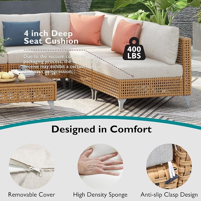 YOPTO 7-Piece Outdoor Conversation Sectional Sofa Set with Water Resistant Thick Cushions & Coffee Table,Wicker Patio Furniture Set W/Removable Cushions Cover,DIY Combination,for Porch,Backyard,Beige