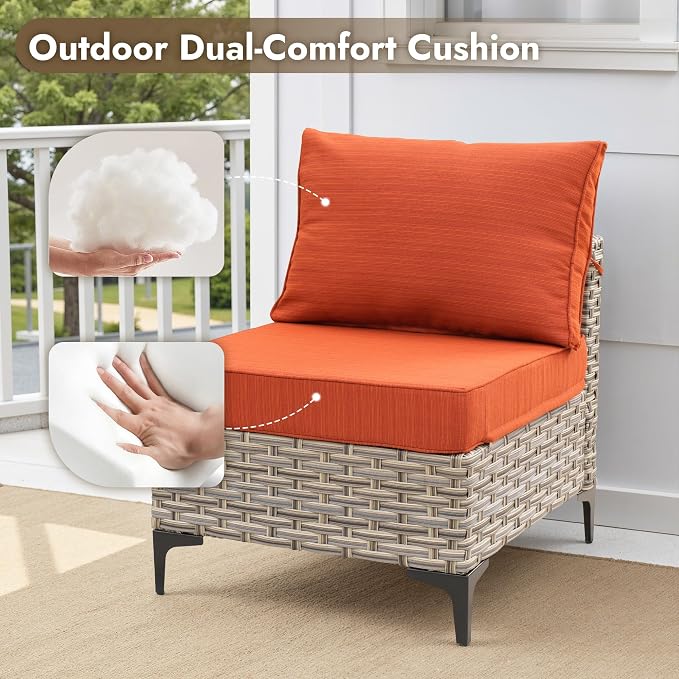7 Pieces Patio Furniture Set with Solar Light Coffee Table, All-Weather Rattan Outdoor Sectional Conversation Sets L Shaped Sofas with Thick Cushions for Porch Balcony Backyard Orange