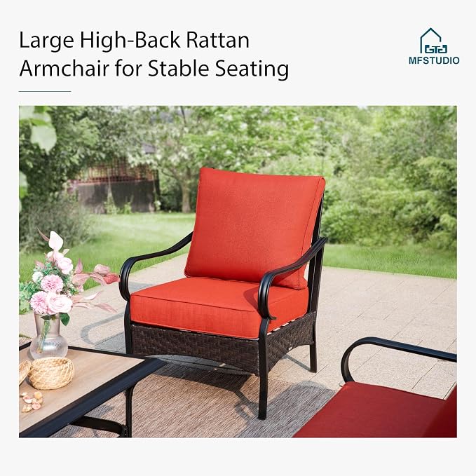 MFSTUDIO 4 Pieces Outdoor Patio Furniture Set, Metal Outdoor Conversation Set, Rattan Wicker Patio Sectional Sofa Set with 2 x Fixed Single Sofa, 3-Seat Sofa, 1 x Coffee Table, Red
