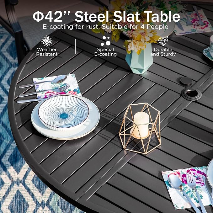 PHI VILLA 5-Piece Outdoor Dining Sets, All-Weather Patio Table and Chairs Set for 4, Heavy Duty Patio Round Table Set for Deck, 4 Extra Large Outdoor Metal Wicker Dining Chairs with Thick Cushions