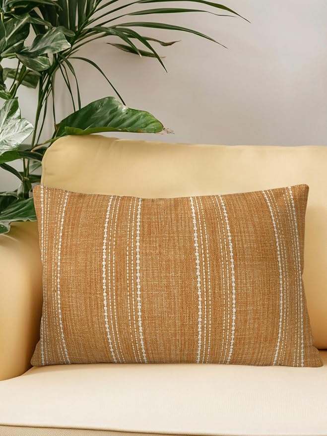 Waterproof Outdoor Pillow 1 Pack Orange Linen Stripes Decorative Throw Pillows Cover & Insert 20x12 Inch Lumbar Pillowcase Parallel Vertical Lines Pillows for Couch Sofa Bed Patio Furniture