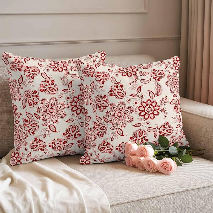 Abstract Paisley Pattern Outdoor Pillow Covers Set of 2 Retro Ethnic Red Flower Waterproof Throw Pillow Cover Decorative Cushion Cases for Patio Porch Garden 16X16 Inch