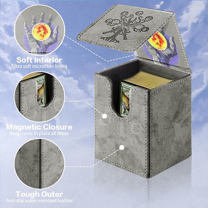 PROMAXIBINDER MTG Card Deck Box, Commander Deck Box Fits 100+ Single Sleeved Cards, Storage for TCG/MTG Crads, PU Leather Strong Magenet (Grey, Tree)