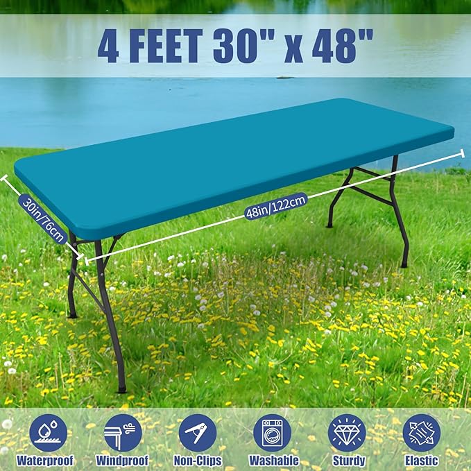 Moosfor Spandex 4 Foot Rectangle Table Cloth 2 Pack, Elastic Fitted Tablecloths for Picnic, Stretch Washable Patio Table Cover for Outdoor, Camping, Banquet and Parties (Teal, 30"x48")
