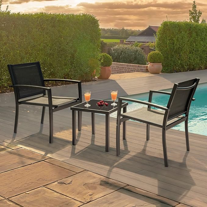 Greesum 3 Pieces Patio Furniture Outdoor Bistro Set Textilene Fabric Chairs for Lawn, Garden, Balcony, Poolside with A Glass Coffee Table, Black
