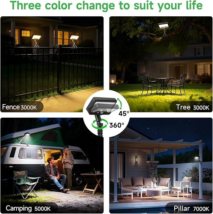 Solar Motion Lights - with Flexible Tripod 3-Color Mode lamp, 92 LEDs 600LM Lights with 2700K/5000K/7000K Adjustable Hightlight, Security Lights for Fence, Deck, Gutter (4-Pack