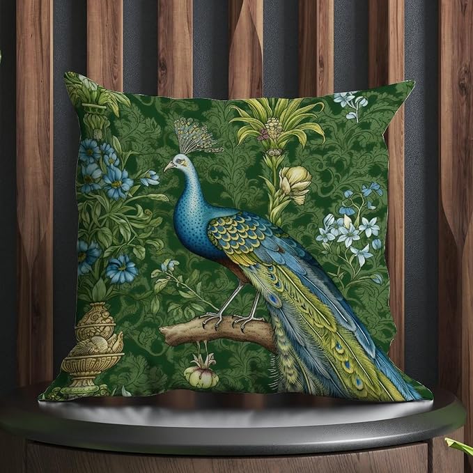 Cushion Cases Aqua and Green Chinoiserie Pillow Covers Rustic Green Peacock Animal Asian Pillow Cover Accent Outdoor Garden Decoration for Bedroom Sofa Bench Porch 24x24 in