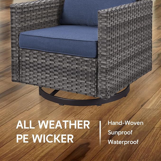 6 Piece Wicker Patio Furniture Set - Outdoor Swivel Rocker Chairs Set with Side Table, 3 Seat Sofa and Ottomans, Small Patio Conversation Sets Proch Furniture for Balcony Deck - Grey/Blue