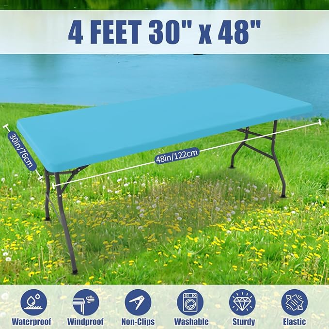 Moosfor Spandex 4 Foot Rectangle Table Cloth 2 Pack, Elastic Fitted Tablecloths for Picnic, Stretch Washable Patio Table Cover for Outdoor, Camping, Banquet and Parties (Blue Mist, 30"x48")