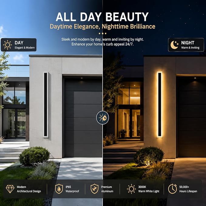 2Pack 31.5inch Long Outdoor Modern LED Wall Light,24W Waterproof IP65 Warm White 110V led Wall Mount Lighting Fixture Rectangular Black Wall Lights Elegant Frosted White Acrylic Anti Rust