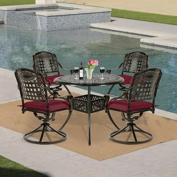 VIVIJASON 5-Piece Outdoor Patio Dining Set, All-Weather Cast Aluminum Conversation Set, Patio Furniture Set for Balcony, Include 4 Swivel Cushioned Chairs, 1 Round Table w/Umbrella Hole, Red Cushion