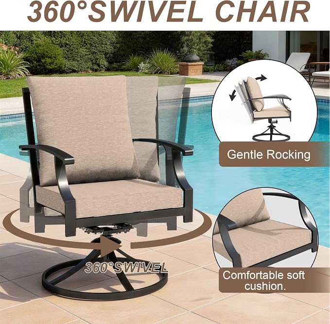 10 Pieces Patio Dining Set with Brown Umbrella,Outdoor Furniture Set Includes Hole Cut-Out Table and 6 Metal Backrest Chairs and 2 Swivel Chairs for Backyard,Garden,Poolside,Brown