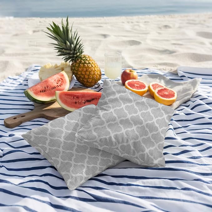 Grey Moroccan Outdoor Pillow Covers 24x24 Inch Throw Pillow Covers Set of 2 Waterproof Decorative Pillow Cases Vintage Ethnic Abstract Geometric Stripes Cushion Covers for Patio Furniture Garden Couch