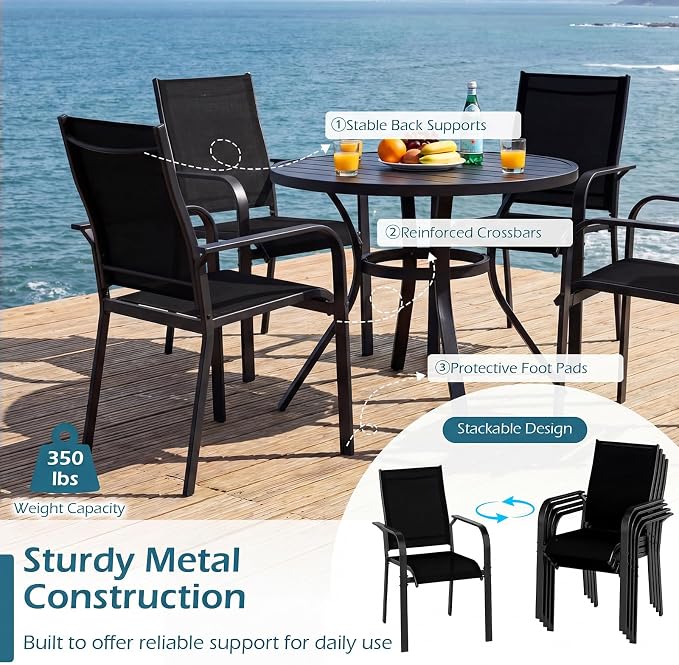Tangkula 9 Pieces Patio Dining Set for 8, Outdoor Rectangular Table and Stackable Chairs with Umbrella Hole, Outside Furniture Set for Backyard, Garden and Deck (Black)