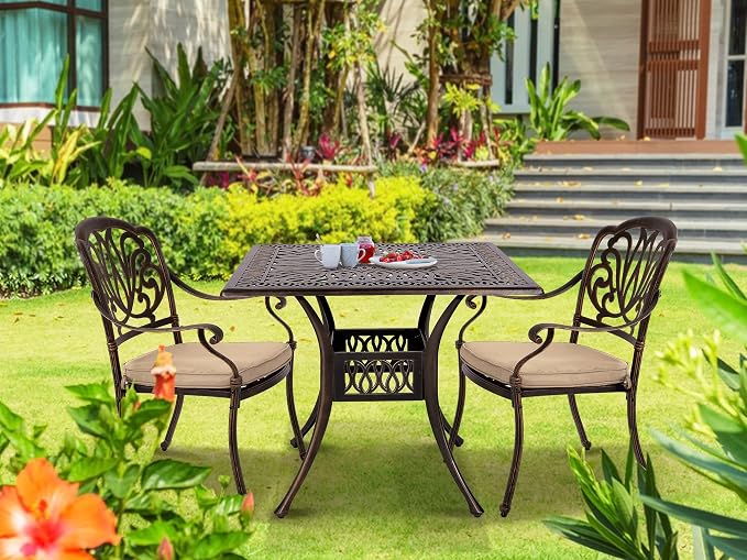 Grepatio 2 Piece Outdoor Cast Aluminum Dining Chairs, Patio Bistro Chair Set of 2, Modern Patterned Back Metal Chairs with Cushion, Antique Bronze (Khaki)