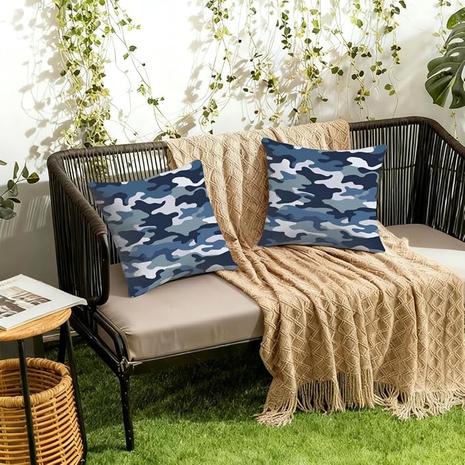 20x20 Inch Outdoor Pillow Covers Set of 2 Waterproof Throw Pillow Covers Decorative Couch Cushion Covers Navy Camouflage,Camo Theme Square Pillowcases Protectors for Patio Garden Sofa