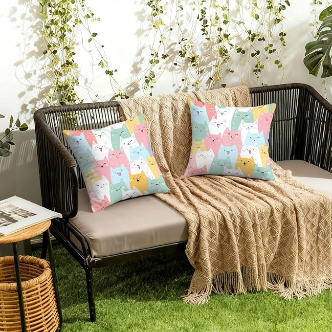 16x16 Inch Outdoor Pillow Covers Set of 2 Waterproof Throw Pillow Covers Decorative Couch Cushion Covers Cats Cute Square Pillowcases Protectors for Patio Garden Sofa