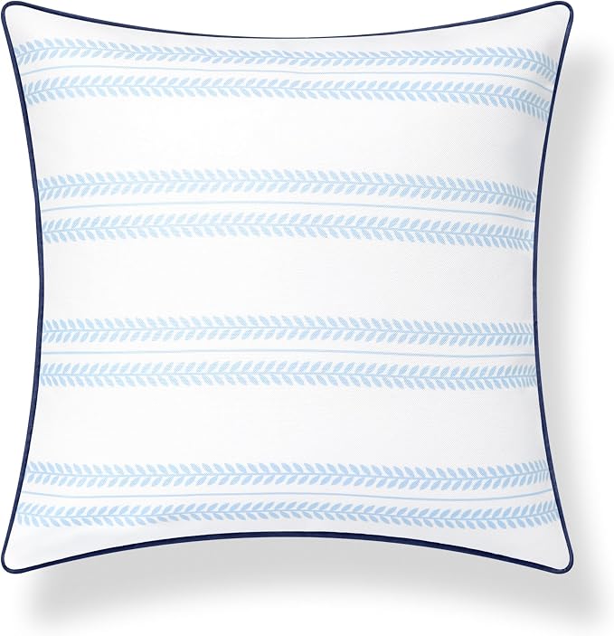 Hofdeco Premium Coastal Hampton Patio Indoor Outdoor Throw Pillow Cover Only, 22"x22" Water Repellent for Backyard, Couch, Poolside, Baby Blue Navy Print Leaf Striped